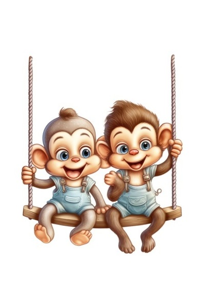 OEM Autocolant — 2 maimuțe pe un leagăn, vinil PVC, bordură albă, 28 cm