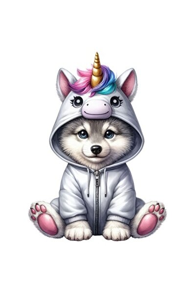 OEM Autocolant costum de cățeluș husky în unicorn, vinil PVC, 15 cm, bordură ...