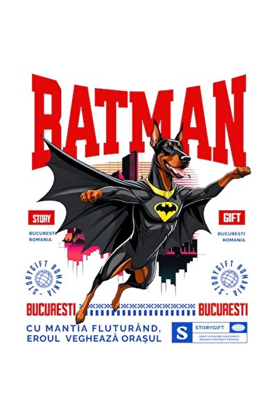 OEM Autocolant Doberman Pinscher în costum de Batman, vinil PVC 15 cm