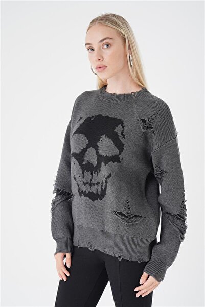 Punk Queen SKULL DESENLİ YIRTIK TRİKO