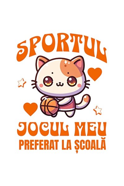 OEM Autocolant Pisică cu Baschet – „Sportul Meu Preferat”, Margine Albă, Vini...