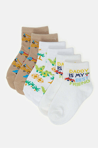 REDTAG Infant Boys Beige And White Car And Dino Ankle Socks (3 Pairs)