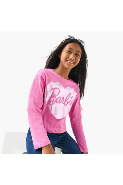 mattel Barbie Print Crew Neck T-shirt with Long Sleeves