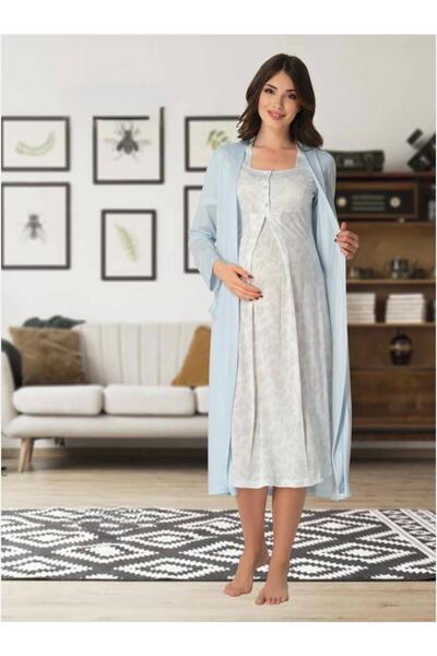 Lohusa Homewear Women's Blue Patterned Short Sleeve Midi Length Maternity Nig...