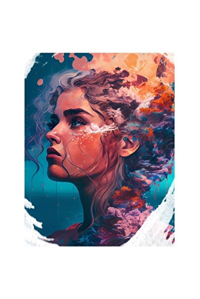 OEM Autocolant - Portret „Zeița Culorilor”, Flori Multicolore, Margini Albe, ...