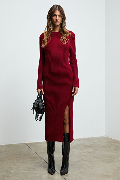GRIMELANGE Soreya Women's Round Neck Stripe Patterned Slit Slim Fit Knitwear Burgundy Dress