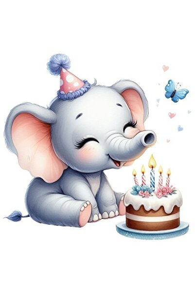 OEM Autocolant ilustrație ziua de naștere cu elefant femelă, bordură albă, vi...