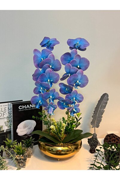 MY LOVE ÇİÇEKÇİLİK Metal Ufo Vazoda Ebruli Mavi 2'Li Islak Dokulu Yapay Orkide (Premium Kalite)