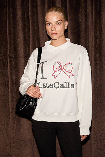 GRIMELANGE Selften Women's Soft Fabric Polo Neck Embroidery Detailed Ecru Swe...