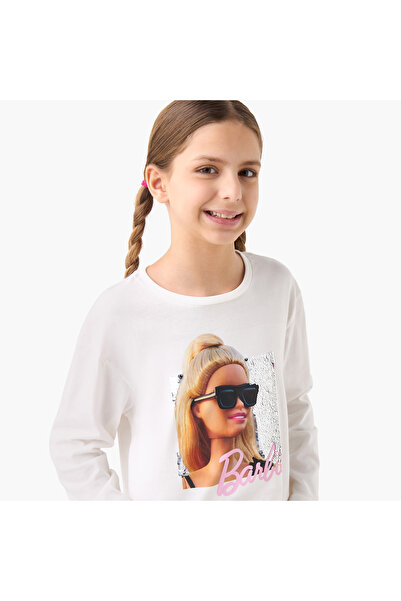 mattel Barbie Print Crew Neck T-shirt with Long Sleeves