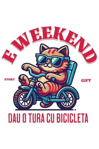 OEM Autocolant cu pisică purtând ochelari de soare pe tricicletă, „Weekend da...