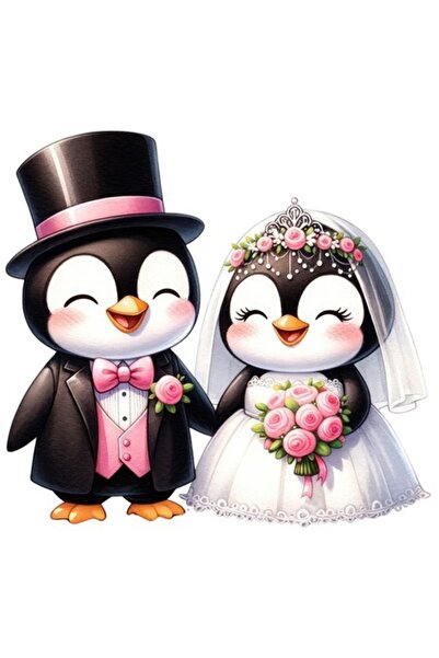 OEM Стикер с 2 пингвина на сватба, илюстрация, бяла рамка, PVC винил 23 см