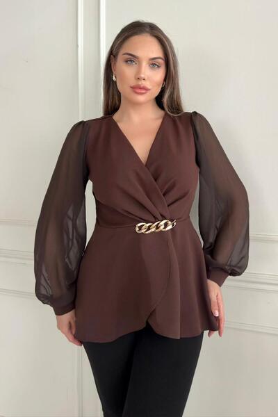 ZISHAN Блуза с верижна катарама, кръстосана яка, шифонни ръкави, черно-кафяво сако 1386