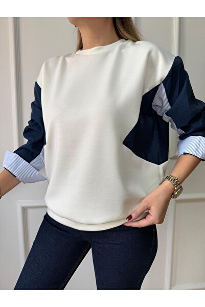 Size Özgü Ekru Kol Çizgili Paraşüt Detaylı Sweatshirt