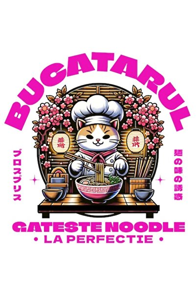 OEM Autocolant pisică bucătar cu flori roz, „Bucătarul gătește tăiței la perf...