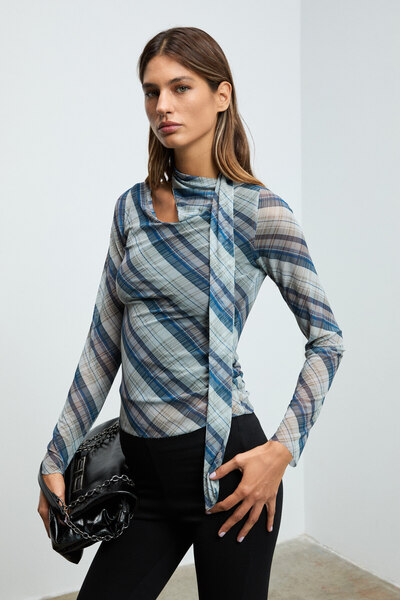 GRIMELANGE Frecs women's flexible fabric lined ballerina collar multi-colored blouse