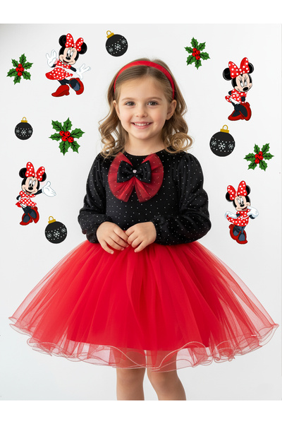 BerrinceTasarım Black Velvet Stone Tulle Skirted Long Sleeve Ribbon Decorated Girls' Dress Kuromi Christmas Dress
