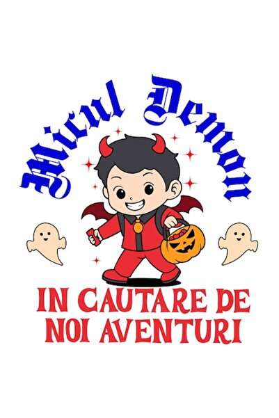 OEM Autocolant - Copil îmbrăcat în diavol (Halloween) cu textul „În căutarea ...