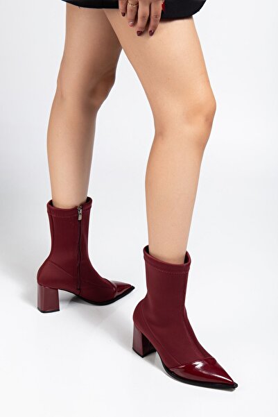 Hayalimdeki Ayakkabı Kadın Bordo Streç Rugan Bilekli Orta Boy Topuklu Bot
