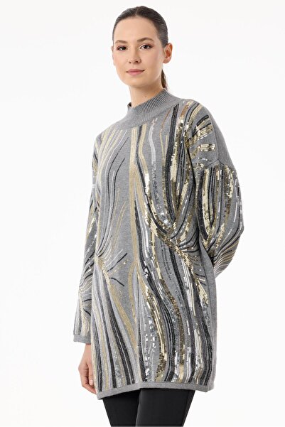 Tığ Triko Desenli ve Payetli Triko Tunik GRİ