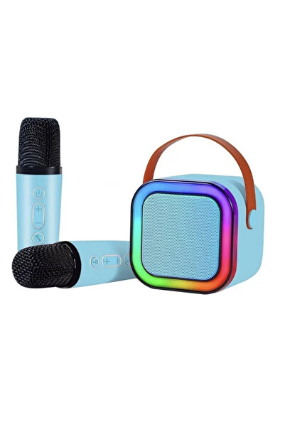 Krista Set karaoke cu difuzor și 2 microfoane wireless, cu bluetooth, baterie, albastru
