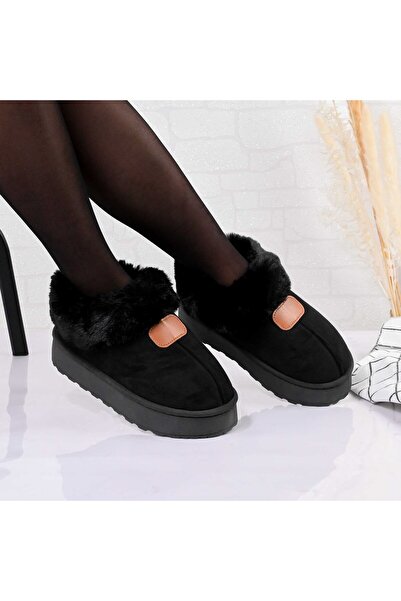 Tmall Papuci de damă, confecționați din piele întoarsă, blană, TM1PD1052, negri