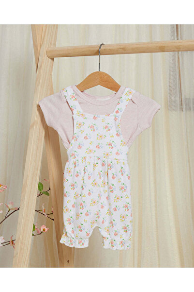 REDTAG Baby Pink And White Bodysuit Dungaree Set (2 Piece)