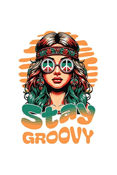 OEM Sticker Fata Stil Hippie cu Ochelari de Soare si Bandana „Stay Groovy” - ...