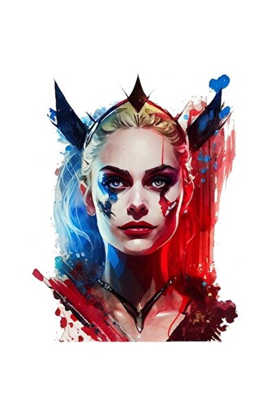 OEM Autocolant portret Harley Quinn, albastru-roșu, bordură albă, vinil PVC, ...