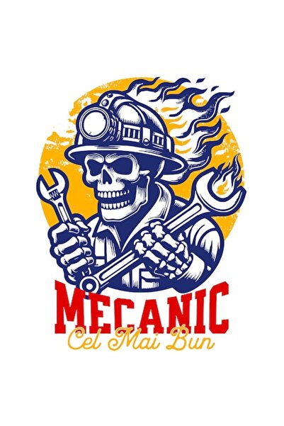 OEM Autocolant - Schelet uman cu pălărie în flăcări, „Cel mai bun mecanic”, v...