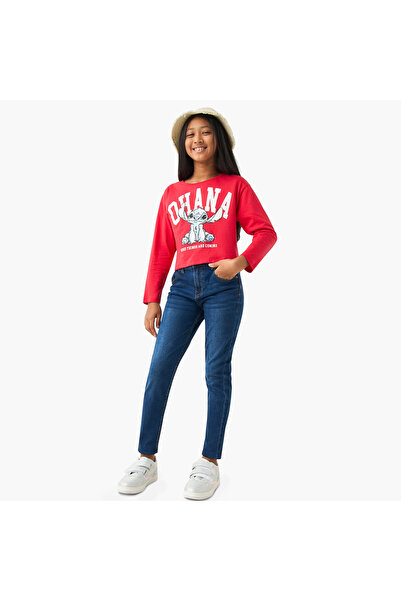 Disney Stitch Print Crew Neck T-shirt with Long Sleeves