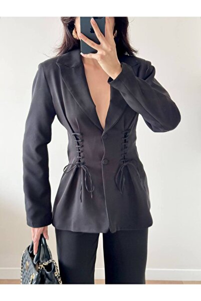 LOCH BUTİK Women's Black Waist and Back Corset Jacket Pants Set