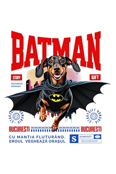 OEM Autocolant Dachshund (Teckel) în costum de Batman, vinil PVC, bordură alb...