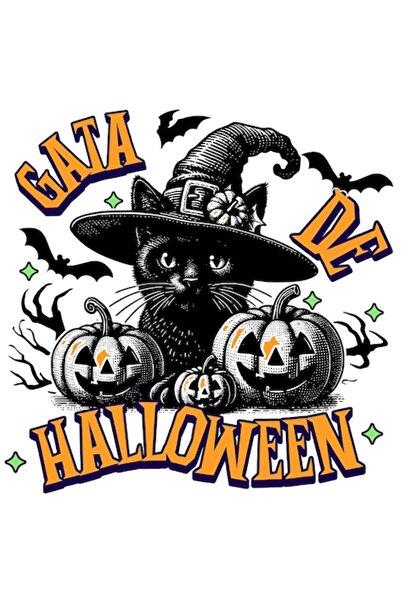 OEM Autocolant Halloween Pisică cu Pălărie — „Gata de Halloween”, Dovleci Hor...