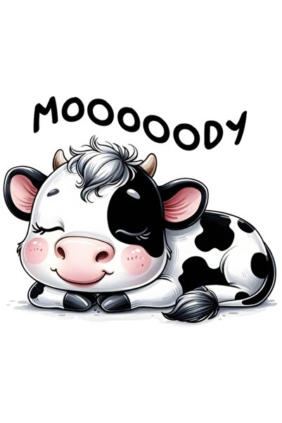 OEM Autocolant amuzant cu vacă „Mooooody”, vinil PVC, bordură albă, 10 cm