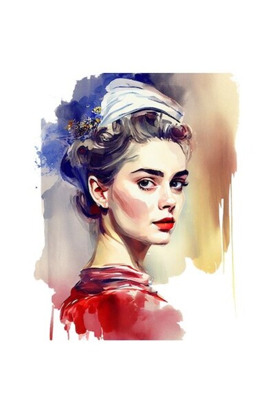 OEM Autocolant - Portret de fată blondă cu pălărie albă, buze roșii, ținută r...