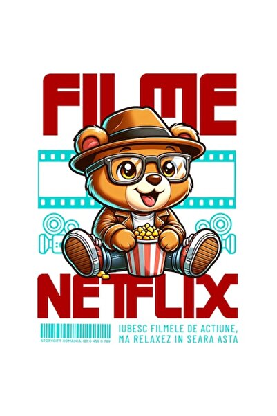 OEM Autocolant urs brun cu ochelari și popcorn, desene animate, margini albe,...