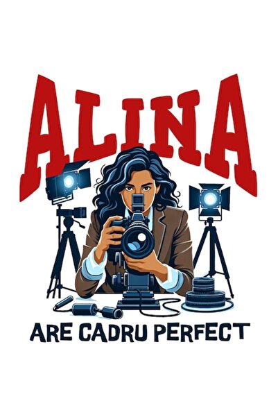 OEM Autocolant brunetă cu cameră, text „Alina - Rama perfectă: Profesie și pa...
