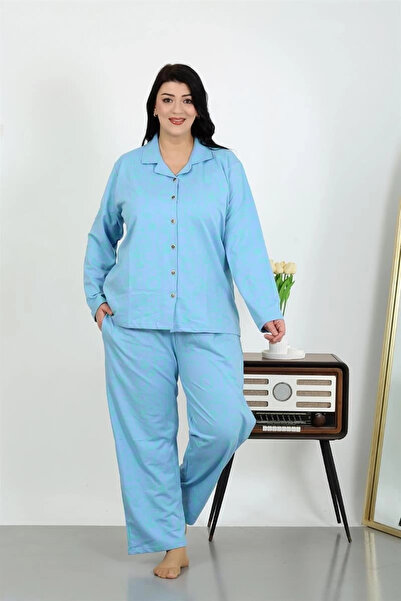 alfa expres Clothing Women's Plus Size Cotton Pocket Buttoned Blue Pajama Set