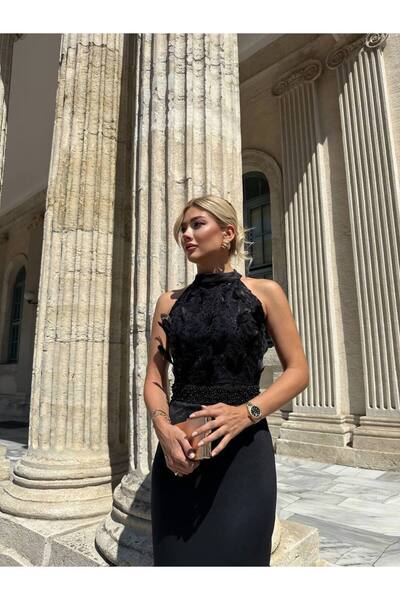 Siseniorita Rochie Lungă Elegantă Dama, Croială Sirenă, Guler Înalt și Top Detaliat cu Broderie Florală