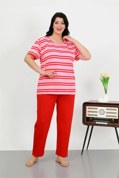 alfa expres Clothing Women's Plus Size Short Sleeve Combed Cotton Pajama Set Red