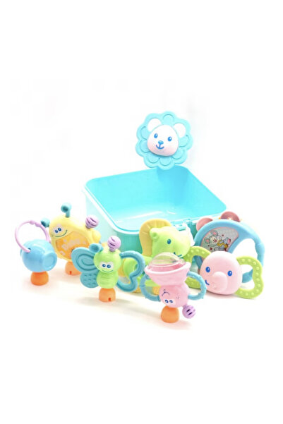 Krista Box with set of 8 soft silicone teething toys for babies, blue