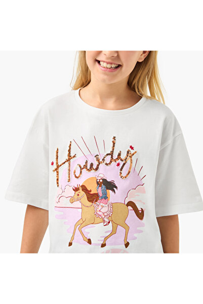 mattel Barbie Print T-shirt with Sequin Detail and Short Sleeves