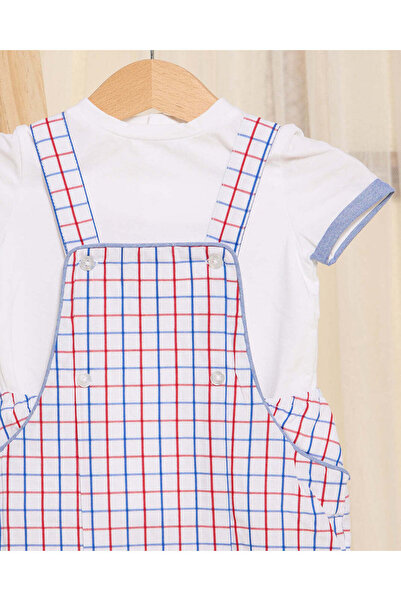 REDTAG Baby Red And White Checkered Dungaree And White T-Shirt (2 Piece)