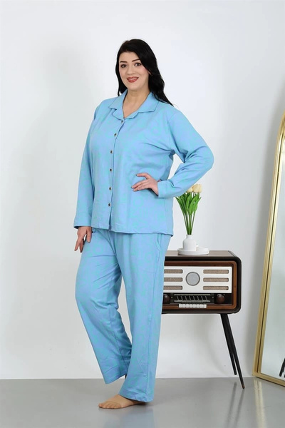 alfa expres Clothing Women's Plus Size Cotton Pocket Buttoned Blue Pajama Set