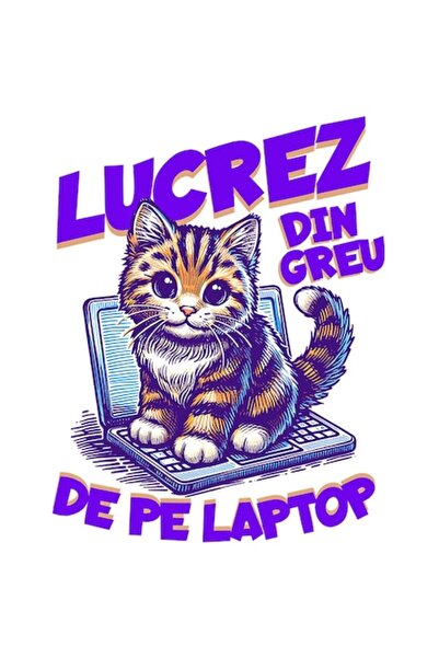 OEM Autocolant - Pisică veselă pe laptop cu text amuzant „Muncesc din greu”, ...