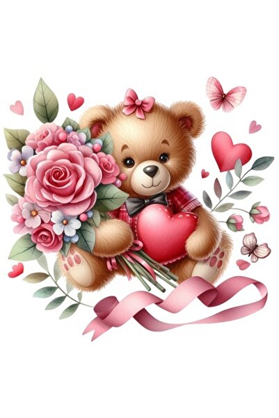 OEM Teddy bear illustration sticker, flowers & hearts, white border, PVC vinyl 10 cm