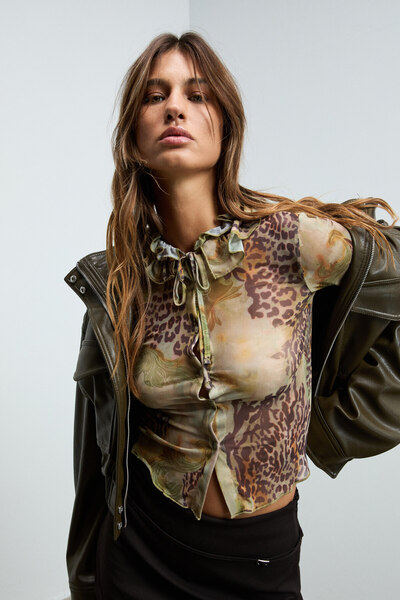 GRIMELANGE Viverro Women's Stretchy Printed Soft Textured Buttoned Mesh Fabric Multi-Colored Blouse