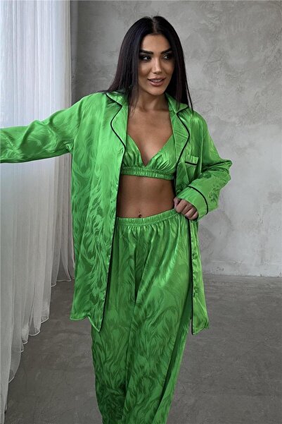 COCCOLARSI Sussurro Ardente Yeşil Jakarlı Saten Uzun Üçlü Pijama Takımı