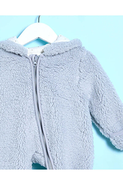 REDTAG Baby Grey Fluffy Hooded Sleepsuit